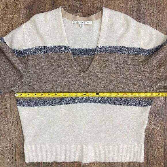 Veronica Beard Miley Colorblock V-neck Sweater Ivory Multi Metallic Relaxed sz S - Picture 5 of 9